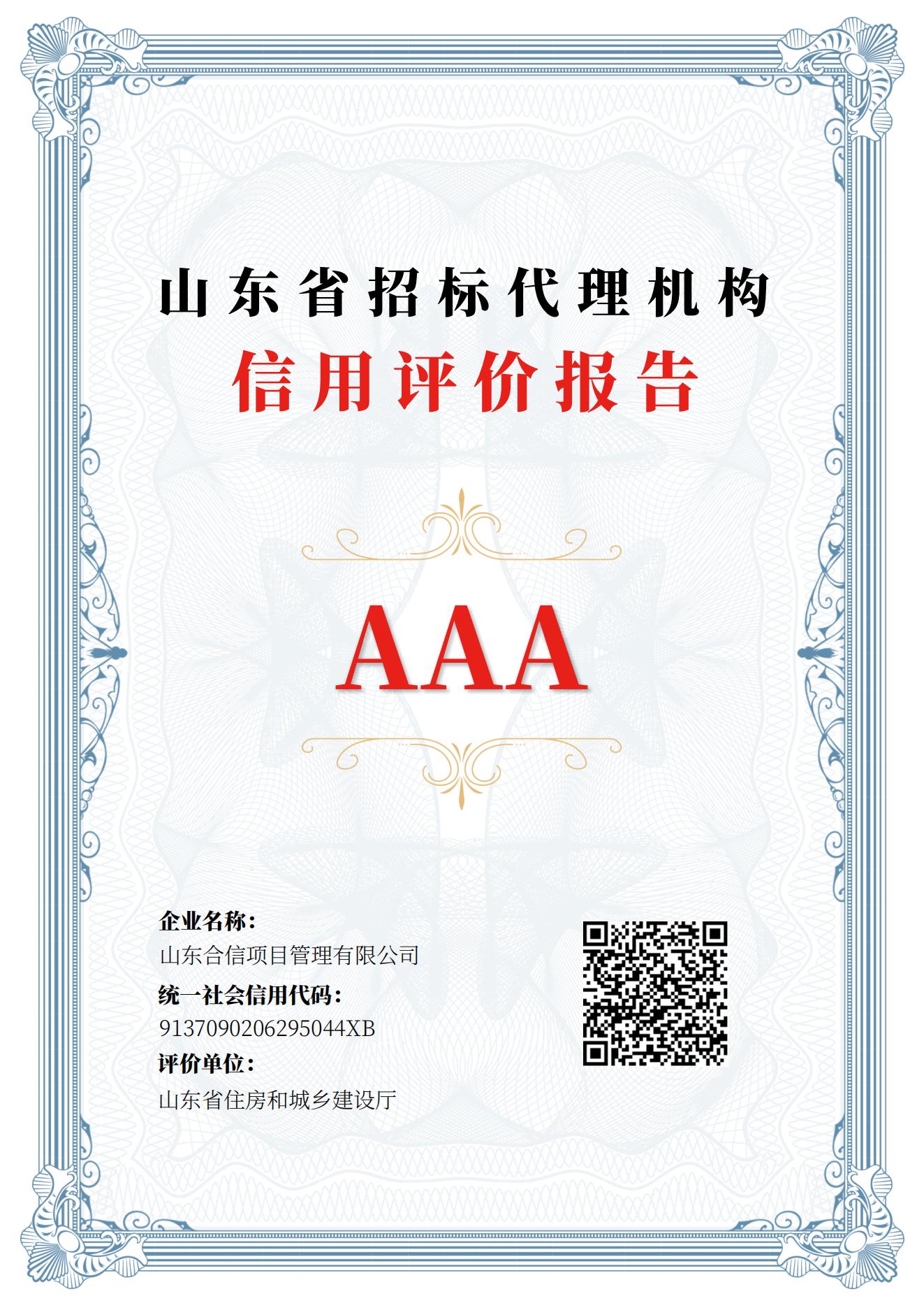 山東省招標(biāo)代理機(jī)構(gòu)信用評(píng)價(jià)AAA級(jí)